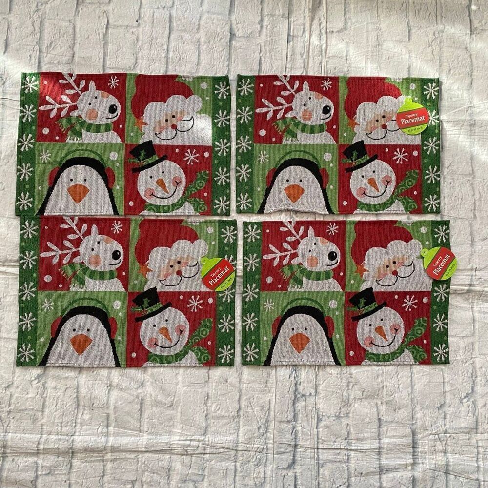 Christmas tapestry placemat 4 pack 13”x19” reindeer,pengiun,santa & snowman
